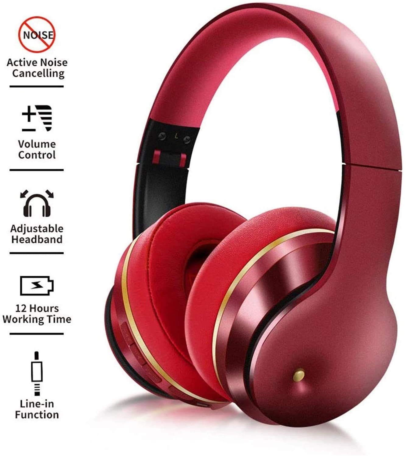 Cuffie ondulabili a cancellazione del Rumore Wireless con Microfono, sopra Le Cuffie Bluetooth Wireless Auricolari, Bassi Profondi, per Adulti, TV, Classe Online, Home Office (Color : Red)