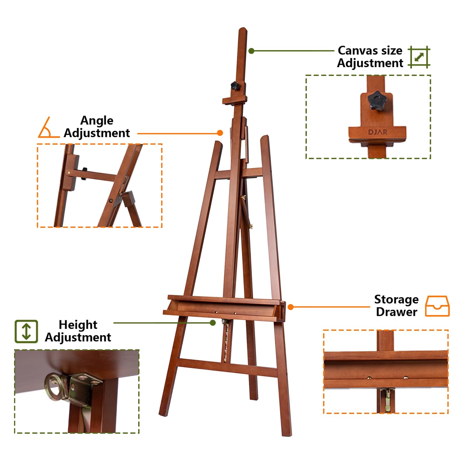 DJAR Chevalet d'Atelier en Cadre A, Grand Chevalet de Sol Réglable en Bois de Hêtre avec Plateau de Rangement, Pour Toiles jusqu'à 124 cm, Finition Noyer