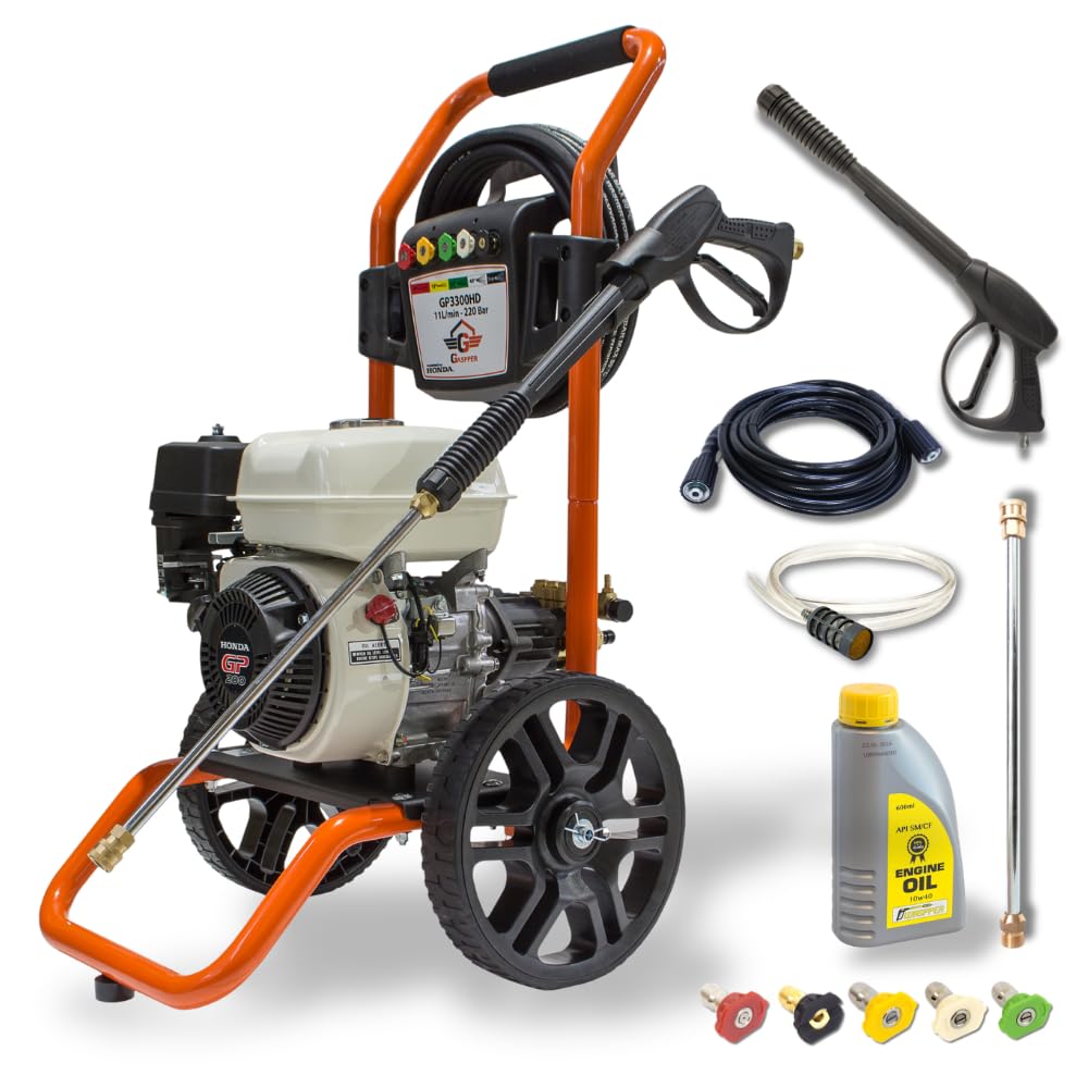 Hidrolimpiadora Gasolina 3200 PSI (220 Bar), Motor Honda GP200 196cc 5.5 HP, Hidrolimpiadora Alta Presión para Construcción, Agricultura y Vehículos, 11 L/min – Waspper GP3300HD