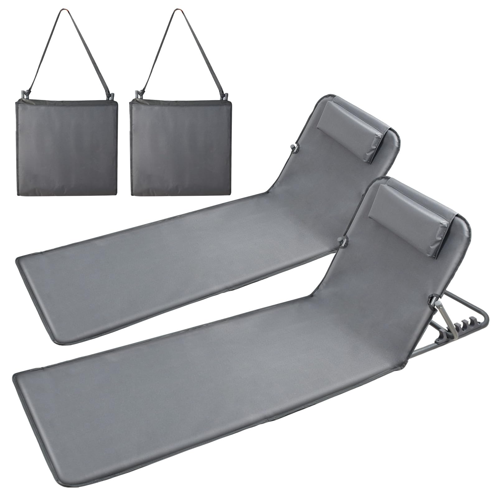 Lot de 2 Bain de Soleil, Chaise Longue, Tapis de Plage, Transat de Plage, avec Appui-tête - Bandoulières - Dossier Réglable 5 Positions, pour Camping, Jardin, Piscine, 160 x 52 cm, Gris