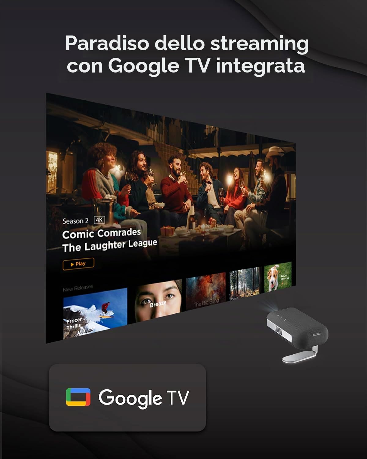 ViewSonic M1 Max - Proiettore LED intelligente portatile, Full HD 1080p, Google TV, proiezione a 360°, 200 ANSI lumen, batteria integrata con 2 ore di lettura, messa a fuoco automatica, pad H/V