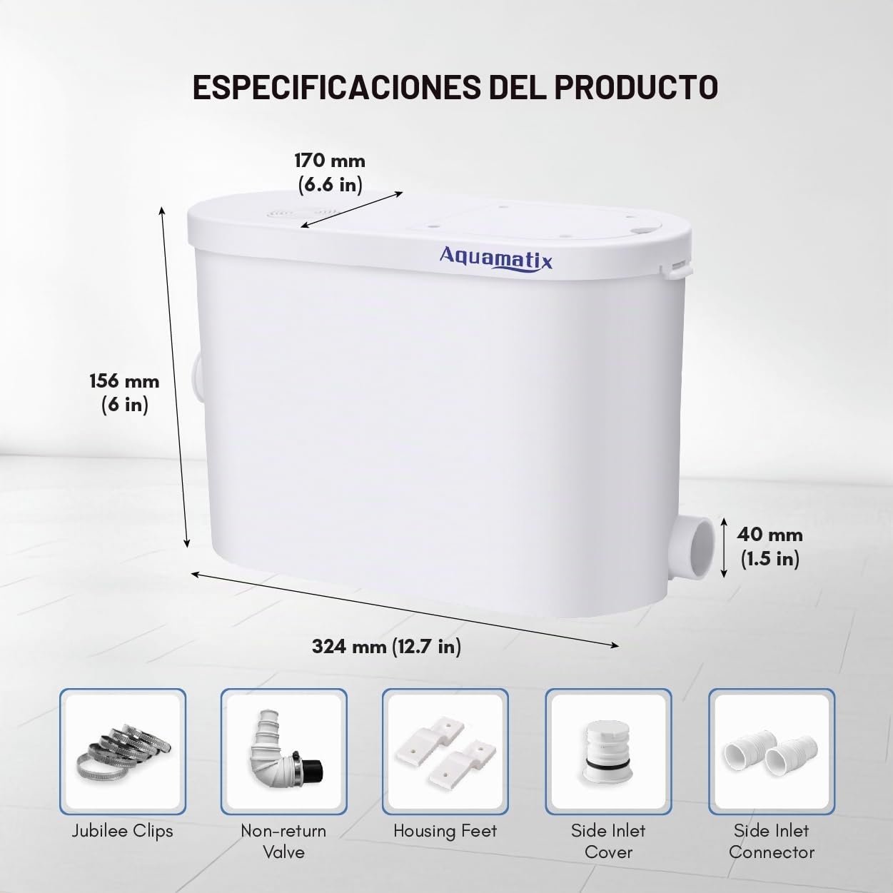 Bomba de aguas residuales Aquamatix Silencio 2 400W con Filtro de Carbón y Panel de Reparación Bomba silenciosa para Ducha Bañera Lavadora