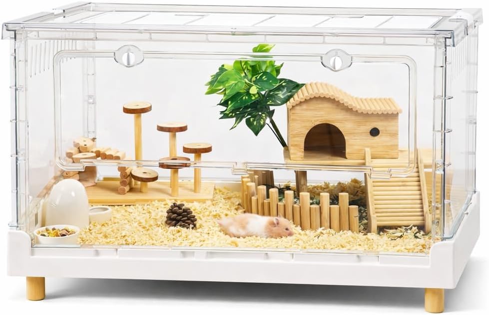 Extra Tall Foldable Clear Hamster Cage with Front Door, Deep Base Habitat for Thick Bedding & Burrowing, Easy Clean Wire Mesh Top Ventilation, Escape Proof Enclosure, 27.5x17x16 in