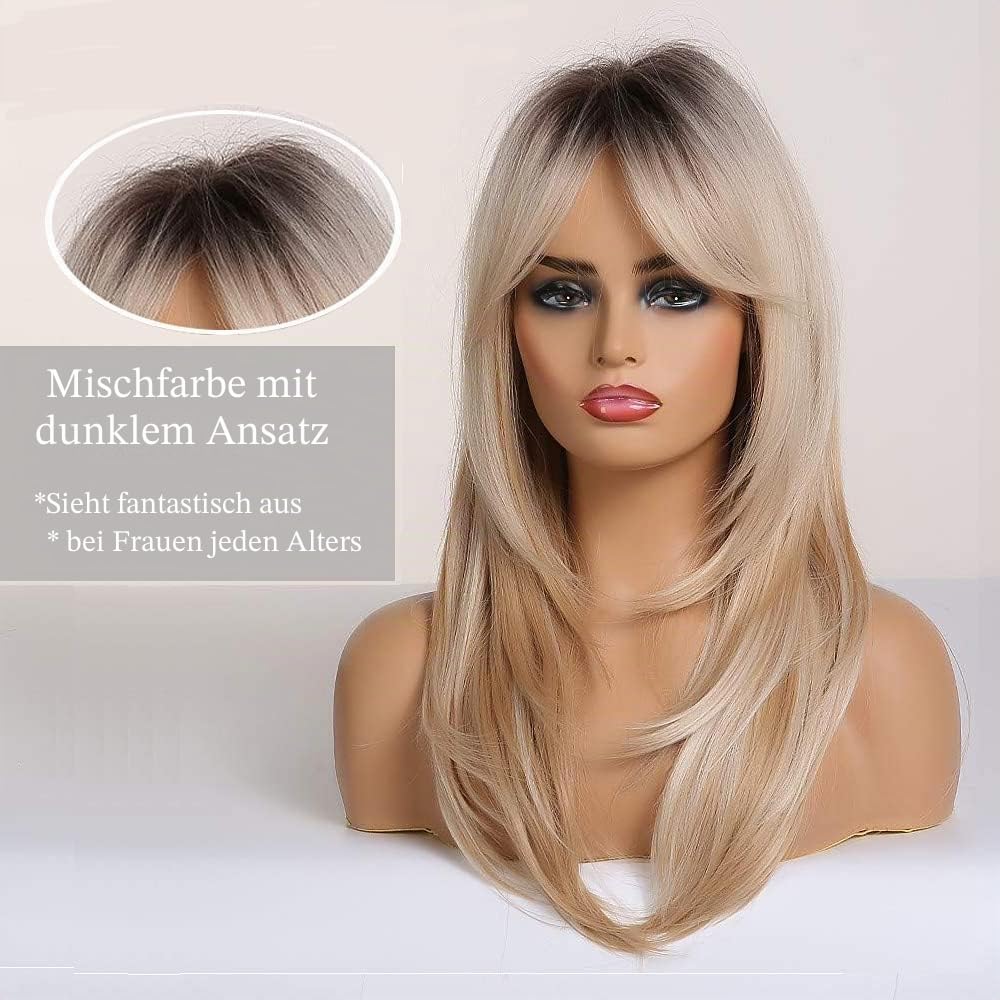 Esmee 20 Zoll Lange Gerade Blonde Geschichtete Synthetische Haar Perücken für Frauen mit Dunklen Wurzeln für Den Täglichen Gebrauch Party
