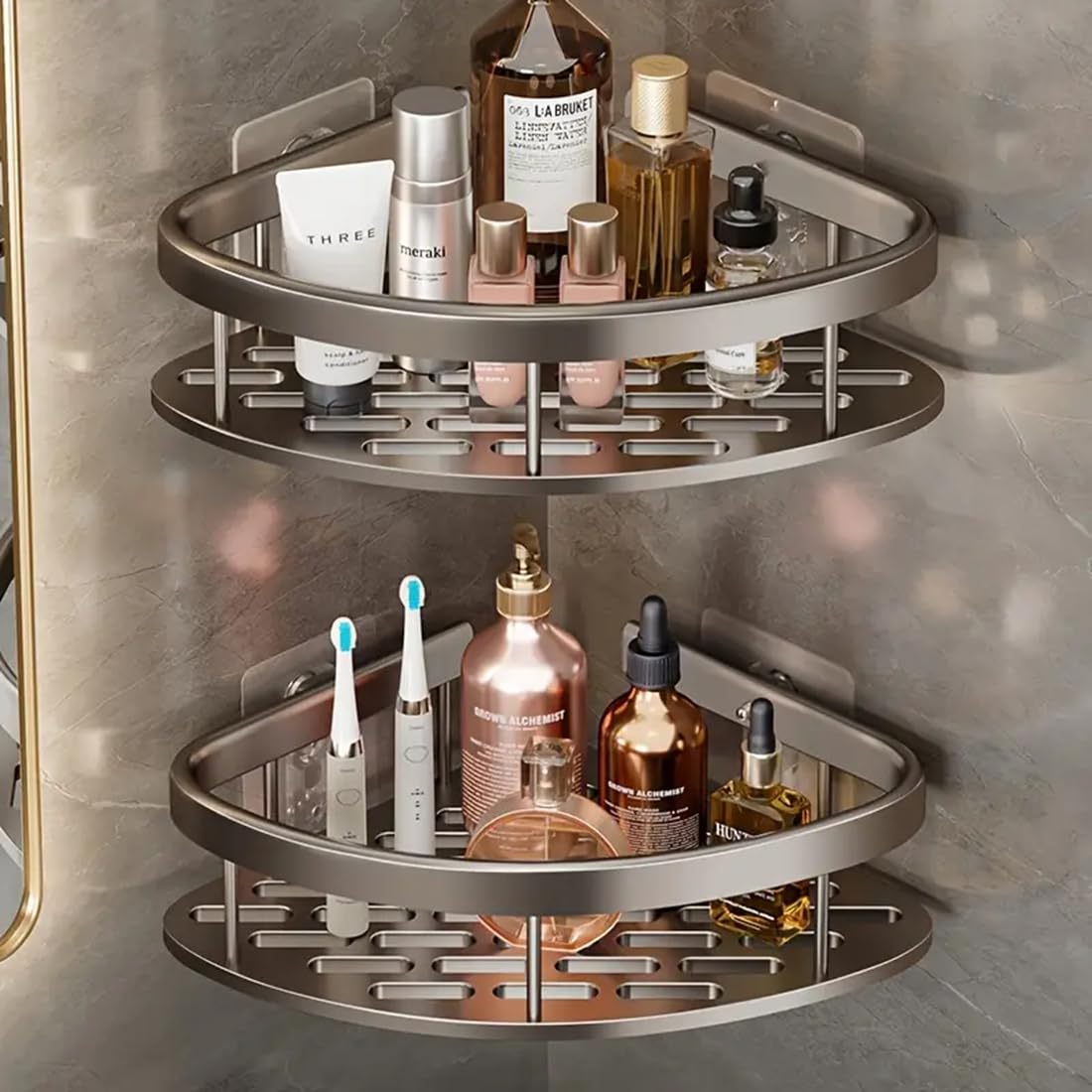 Pack of 2, Self Adhesive Bathroom Corner Shelf for Wall Shelf Organizer Wall Mounted Aluminum Bathroom Shelves Rack Holder Stand for Bathroom Organiser Without Drill Accessories (Black, Pack of 2)