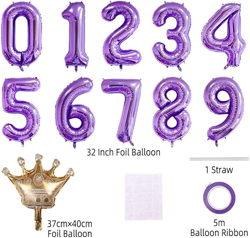 Miniatura 2 de Globo morado del número 10 de 32 pulgadas, globos de aluminio jumbo con corona desmontable para decoración de fiesta de cumpleaños 38, 10