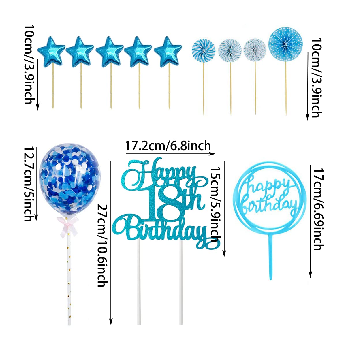 Tortenaufsatz 'Happy 18th Birthday' Glitzernd Dunkelblau – Aus Goldzwiebelpapier, Mit Bambusspieß
