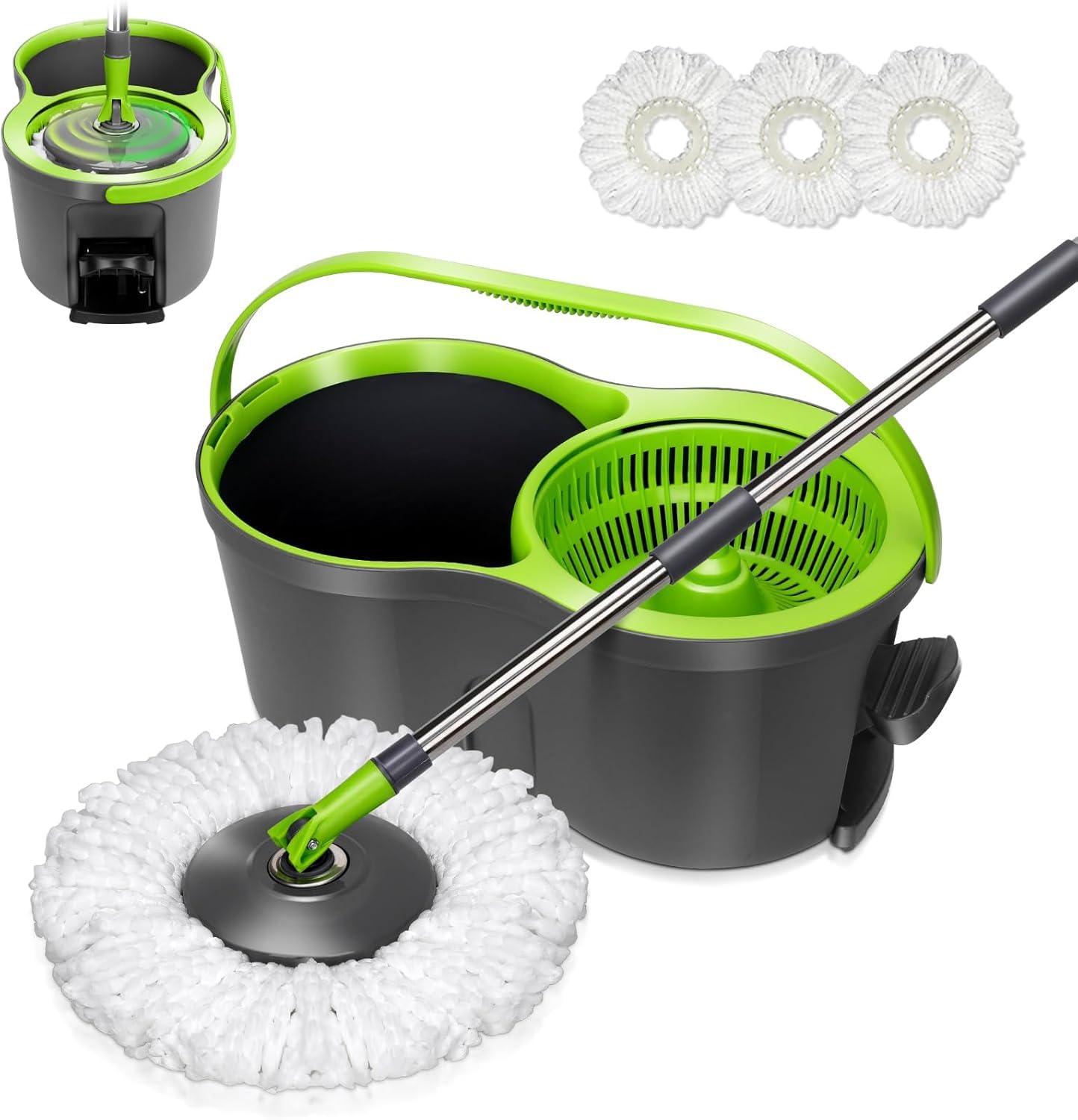 Masthome Balai à Frange et Seau à Pédale, Balai Serpillère Rotatif avec Système d'essorage Intégré, Envoyer 3 Recharge en Microfibre, 9.8L