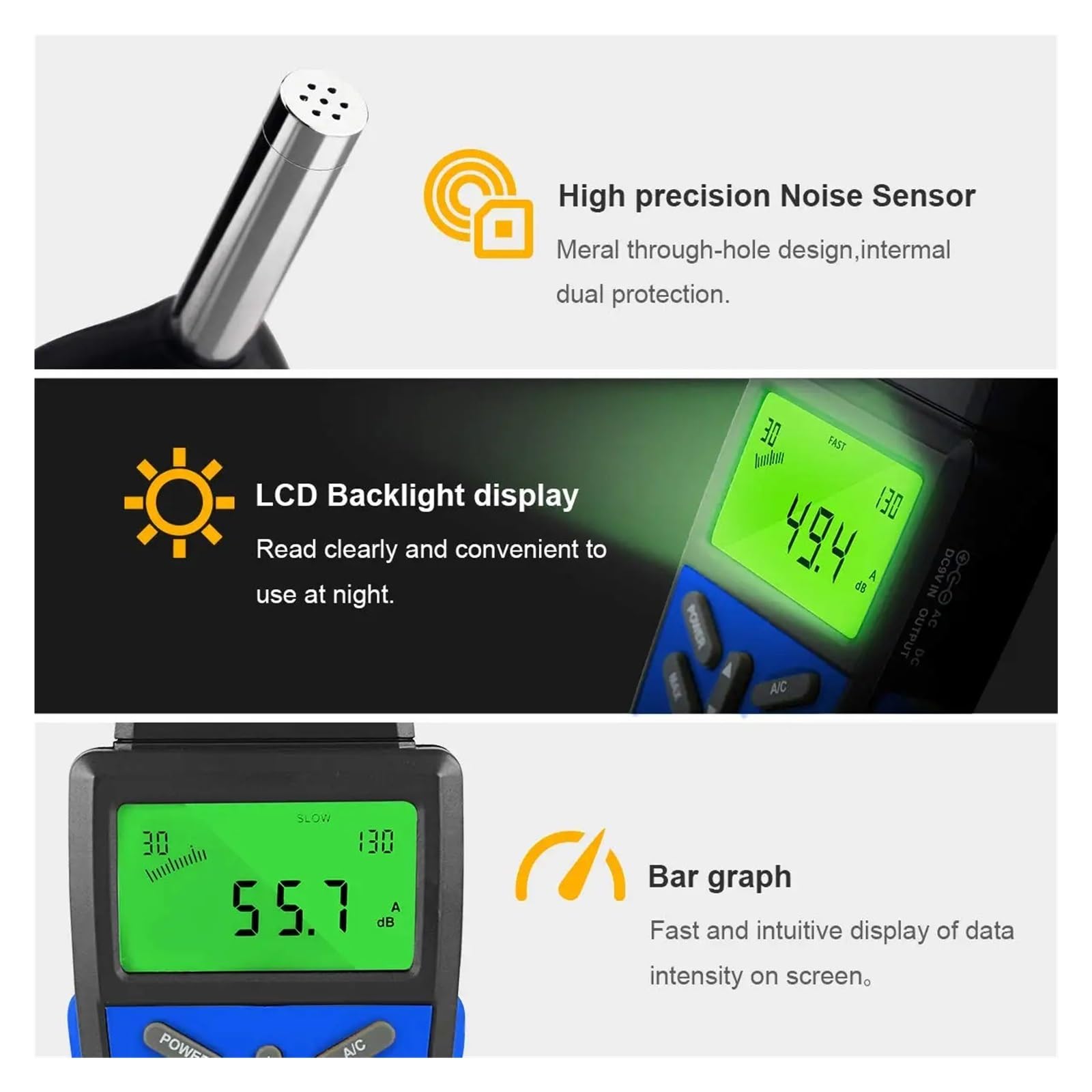 Sonómetro de precisión BT-882A, comprobador Digital de decibelios, para medición de Volumen de Ruido de 30 a 130 dB, con ponderación rápida/Lenta A/C