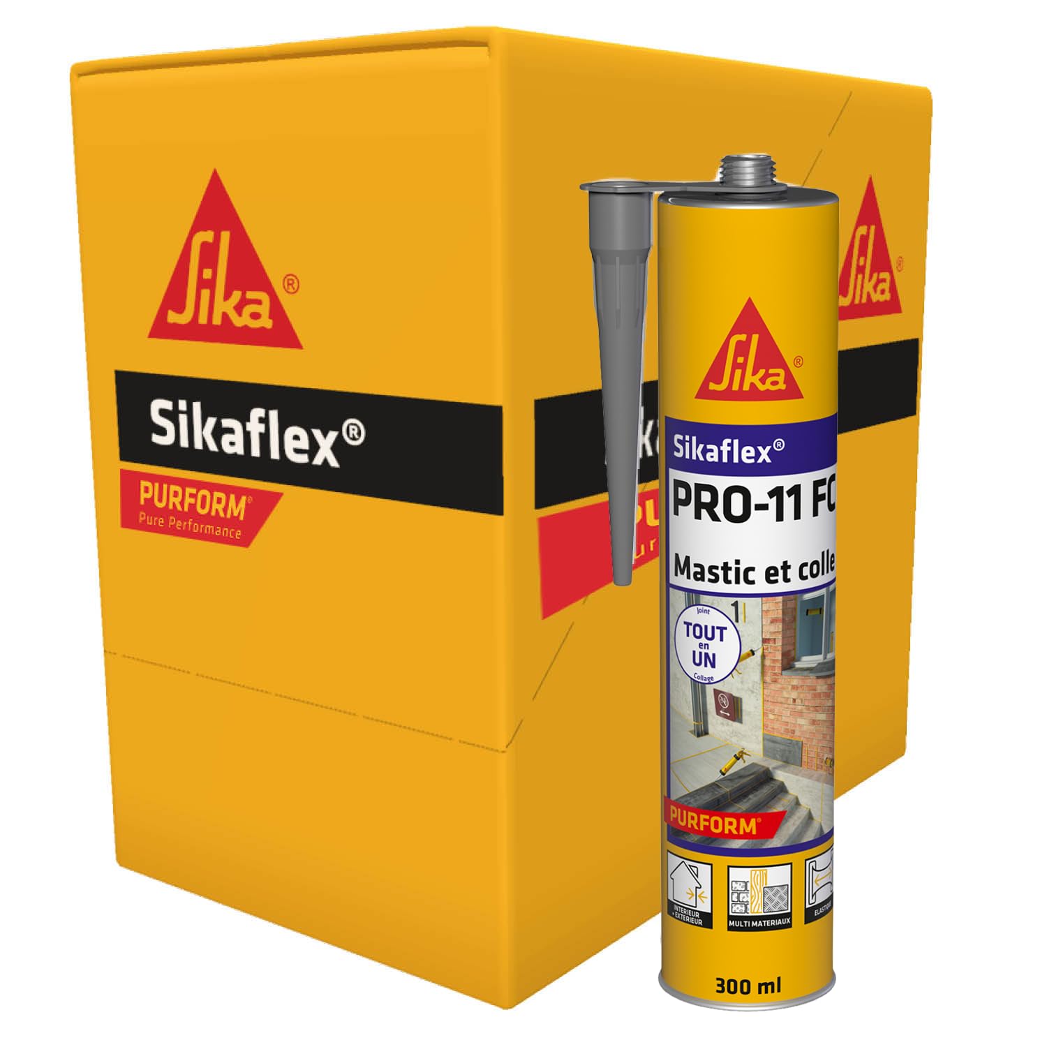 SIKA - Mastic-colle multi-usages - Sikaflex PRO 11 FC Purform, Gris - Mastic polyuréthane PU tout en 1 - Mastic multi-matériaux - Mastic étanche intérieur et extérieur - Carton de 12 cartouches 300 ml