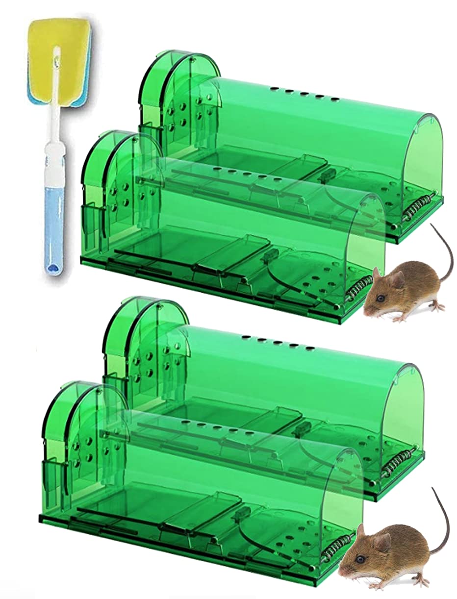 4 Pack Mouse Trap Humane Reusable No Kill Live Mice Catch Indoor Outdoor Catcher Small Mole Capture Cage Safe For Children And Pets Transparent Plastic Rat Trapper Outdoor with Cleaning Brush
