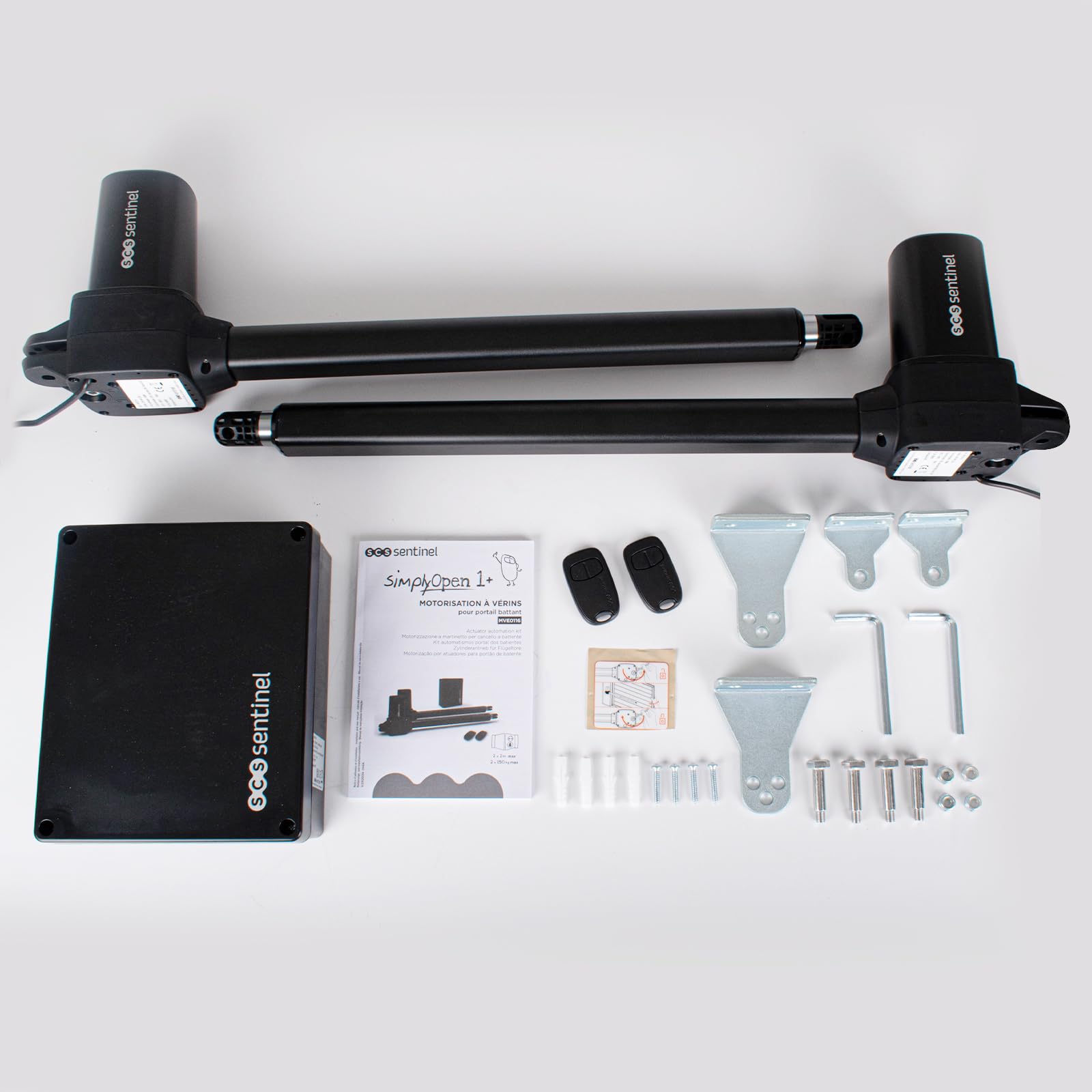 SCS Sentinel, MVE0116, Motorización 24V con Cilindros para Cancela batiente 4M/300kgs, 2 mandos a Distancia de 2 Canales, Compatible con Madera, Aluminio, Hierro, PVC Reforzado, SimplyOpen 1+