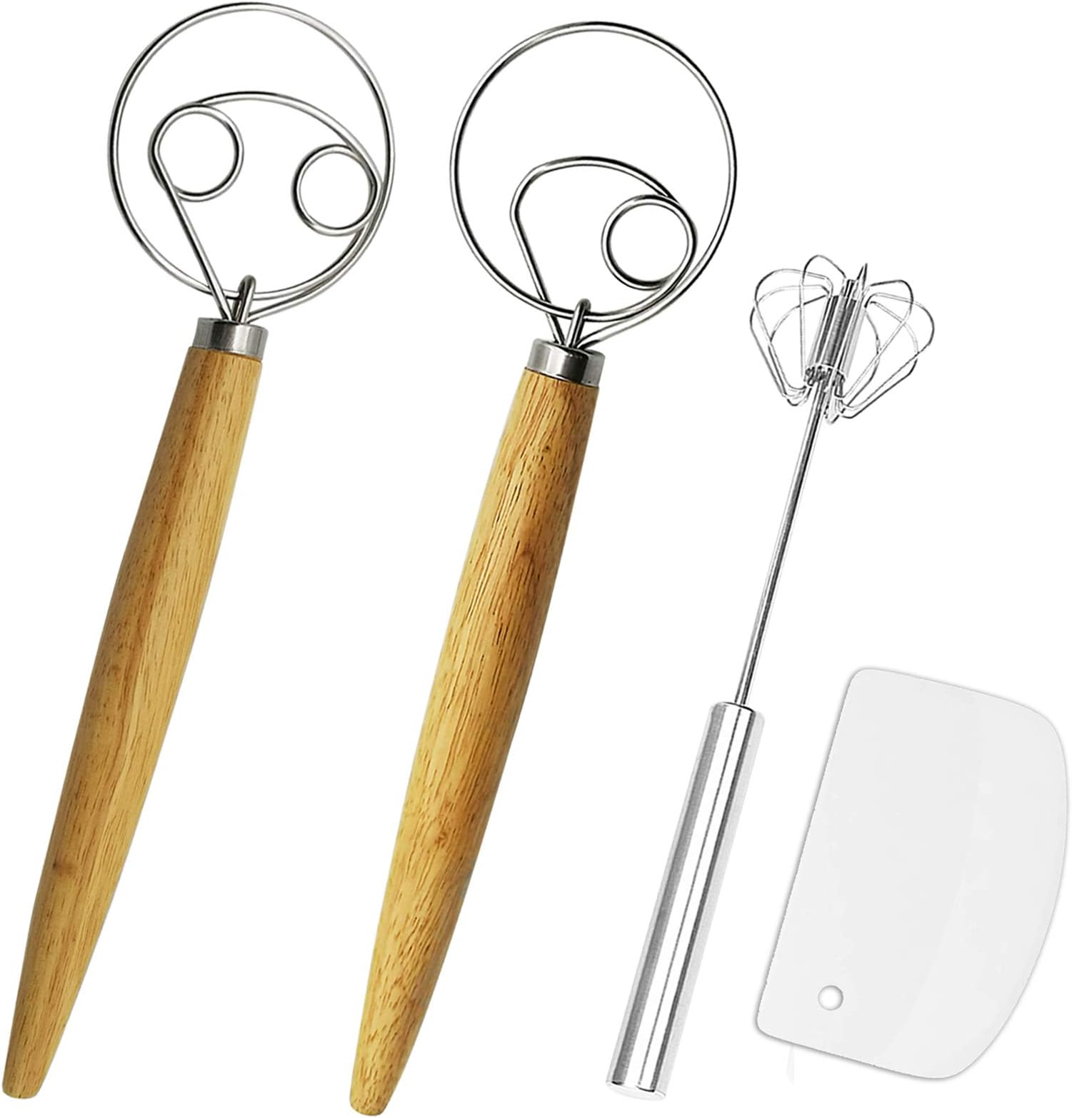 ​Listenman Danish Dough Whisk Bread Mixer & Egg Whisk Kits, 2 Pack Premium Stainless Steel Dutch & 1 Pack Hand Push Rotary Blender for Pastry Pizza Dough, with a Dough Scraper for Bread​
