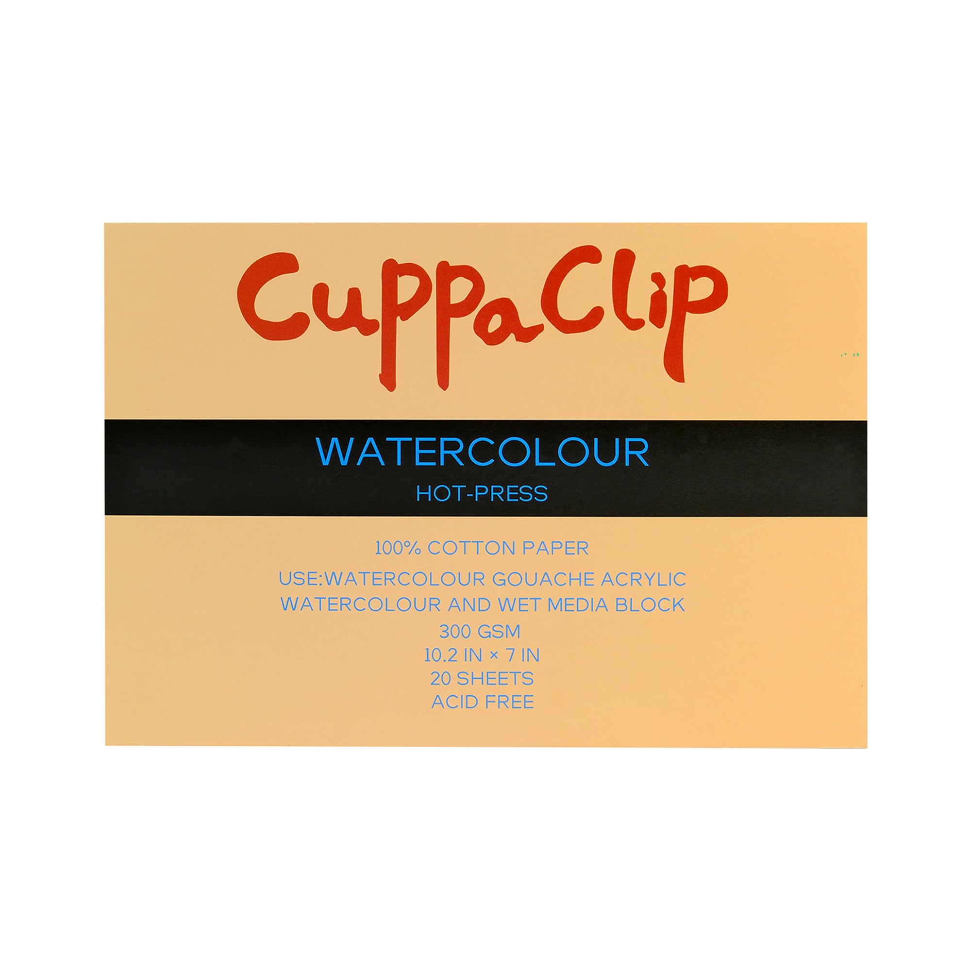 CuppaClip Watercolor Paper Block Pure Cotton Art Paper Pad 300GSM(140LB) Acid-Free 20 Sheets Watercolor Art Supplies (Hot Press, 10.2x7in)