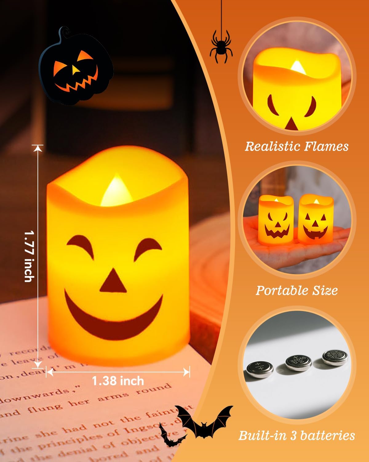Halloween Flameless Votive Candles, Orange Battery Operated Candles, Tea Light Halloween Candle Decorations Indoor, Batteries Included (6 Pack, 1.37” x 1.77”)