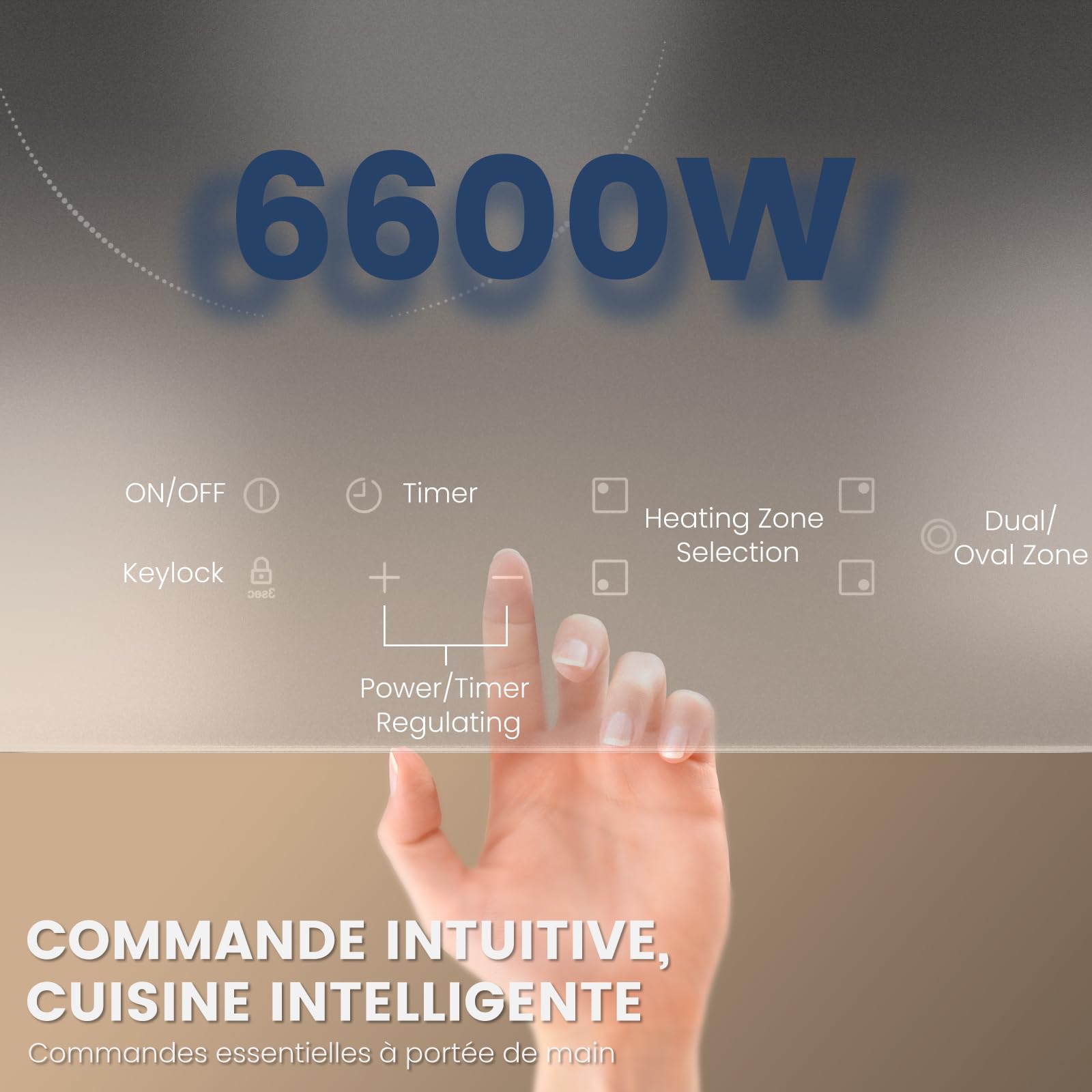 Plaque Vitrocéramique 4 Feux Encastrable 60cm 6600W Commande Tactile Zone Double Ronde Ovale