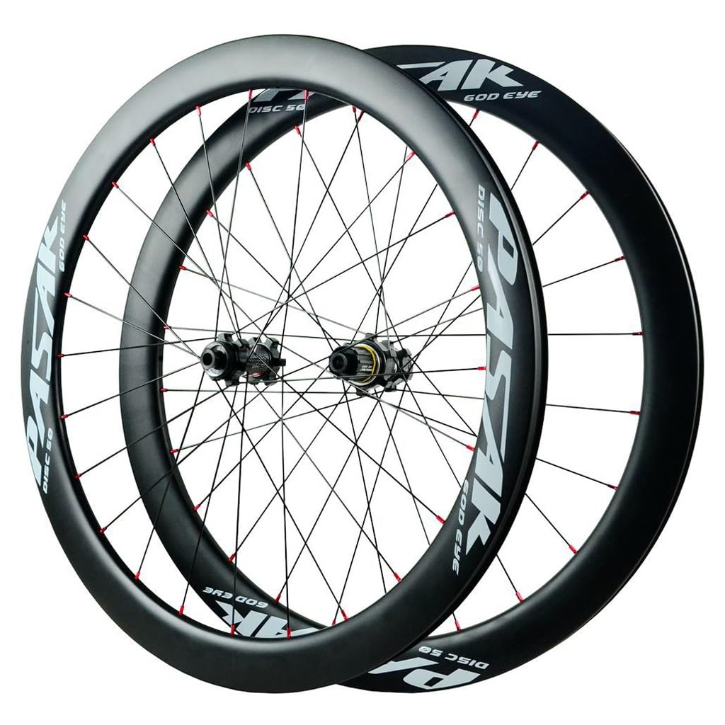 700C Road Bike Carbon Wheelset, 50MM Rim Thru Axle 142mm HG Sealed Bearings Disc Brake Cycling Racing Wheels 24H Spoke Weight 1720g for 7-12 Speed