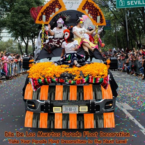 Image of 4 Packs Total 39 Feet Halloween Parade Floats for Trailer Car, Black Orange Foil Fringe Garland Tinsel Streamers Banner Table Skirts for Halloween Dia De Los Muertos Homecoming Birthday Party