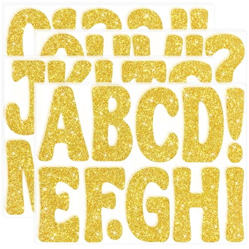 Bulletin Board Letters 129 PCS Glitter Gold Letter Stickers 12 Sheets Large 4 Inch Alphabet Number Stickers Self-Adhesive Sticker Letters for Poster Board Classroom Display Mailbox Craft Party Decor