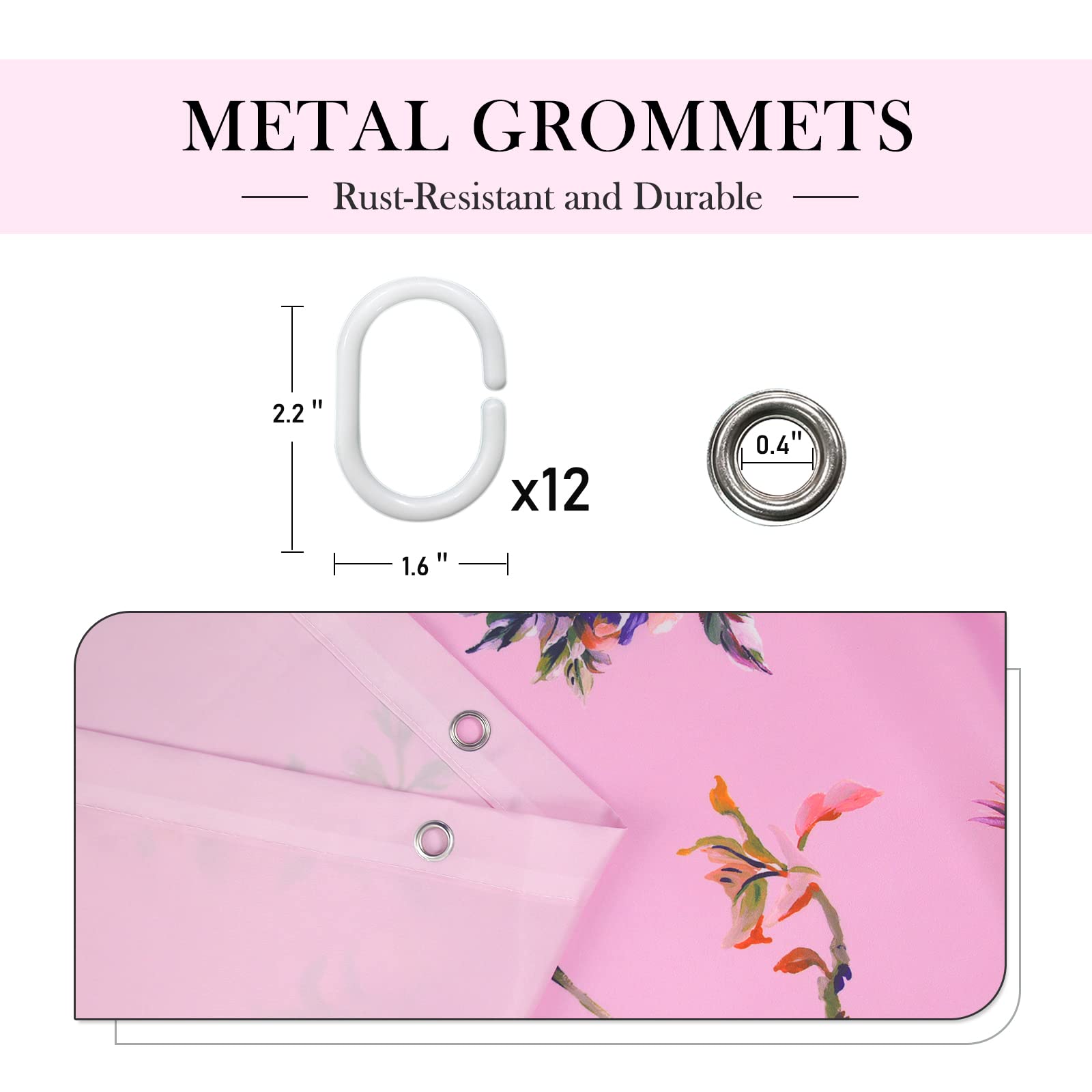 LIVETTY Pink Bird Floral Shower Curtain 180cm × 200cm Mould Proof Butterfly Fabric Bathroom curtain For Women & Men With 12 Hooks Washable Quick-Drying Curtains - Image 4