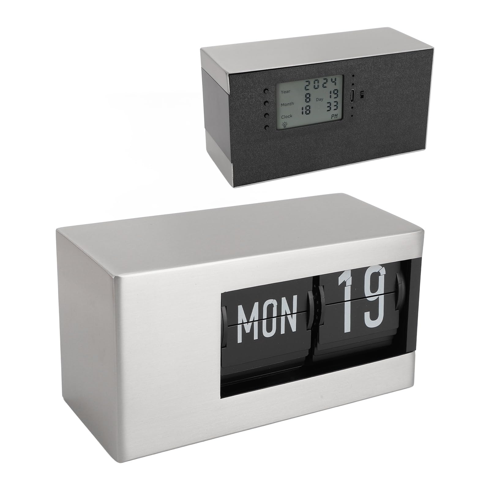 SIXRUN Orologio Digitale Ribaltabile, Calendario Unico Ed Elegante, Orologio Decorativo da Scrivania per la Casa, con Ripiano, Acciaio Inossidabile in PVC (SILVER)