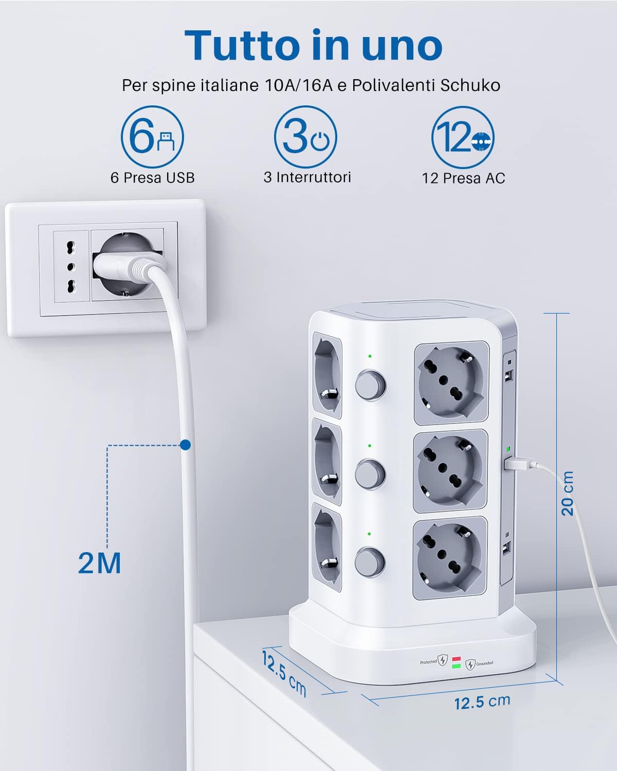 KOOSLA Ciabatta Elettrica con 12 Prese Universali ITA 10/16A e Schuko e 6 slot USB-A(4000W/16A), Multipresa verticale protezione sovratensione con 3 interruttori indipendenti, 2M Cavo, Bianco
