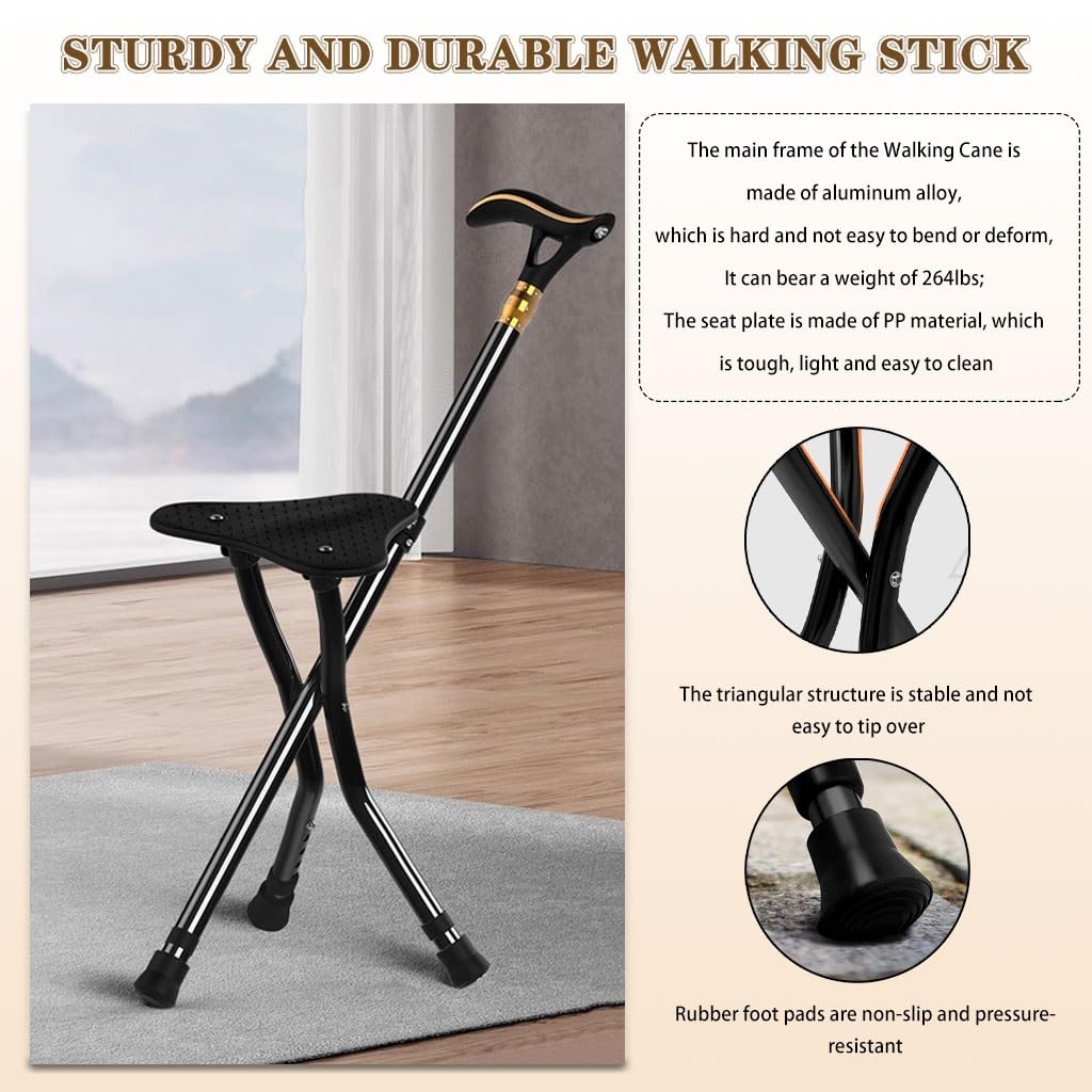 Bastón Taburete De Bastón Ajustable En Altura con 5 Velocidades, Silla Plegable Portátil con Muleta, Bastón Antideslizante con Luz LED, para Las Personas Mayores