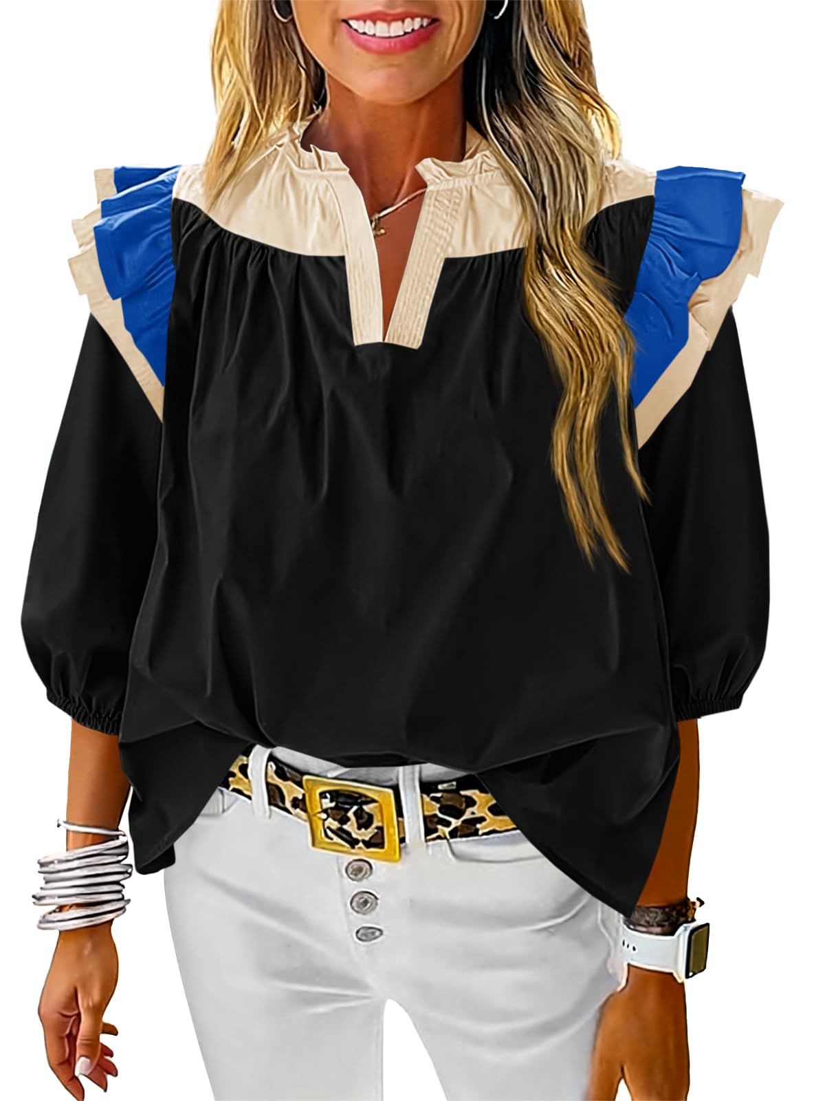 Tankaneo Womens Ruffle Color Block Tank Tops Summer Casual Dressy V Neck Pleated Blouse Loose Fit Sleeveless Shirts