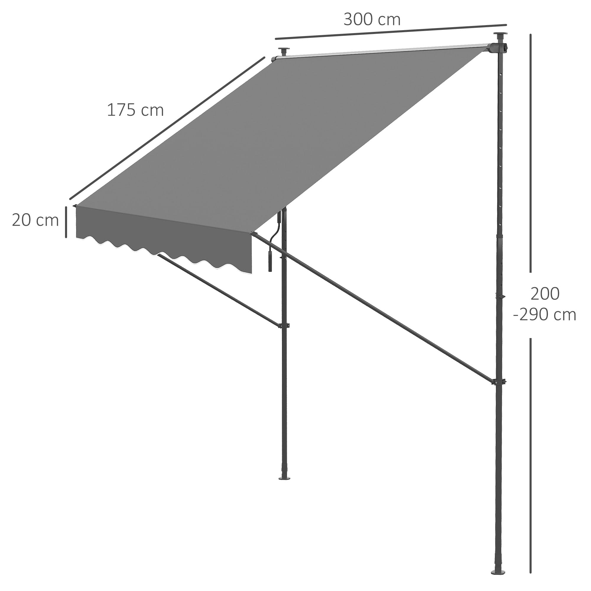 Outsunny Toldo Manual Retráctil Toldo para Balcón con Altura Ajustable Manivela y Protección Solar para Terraza Jardín Gris