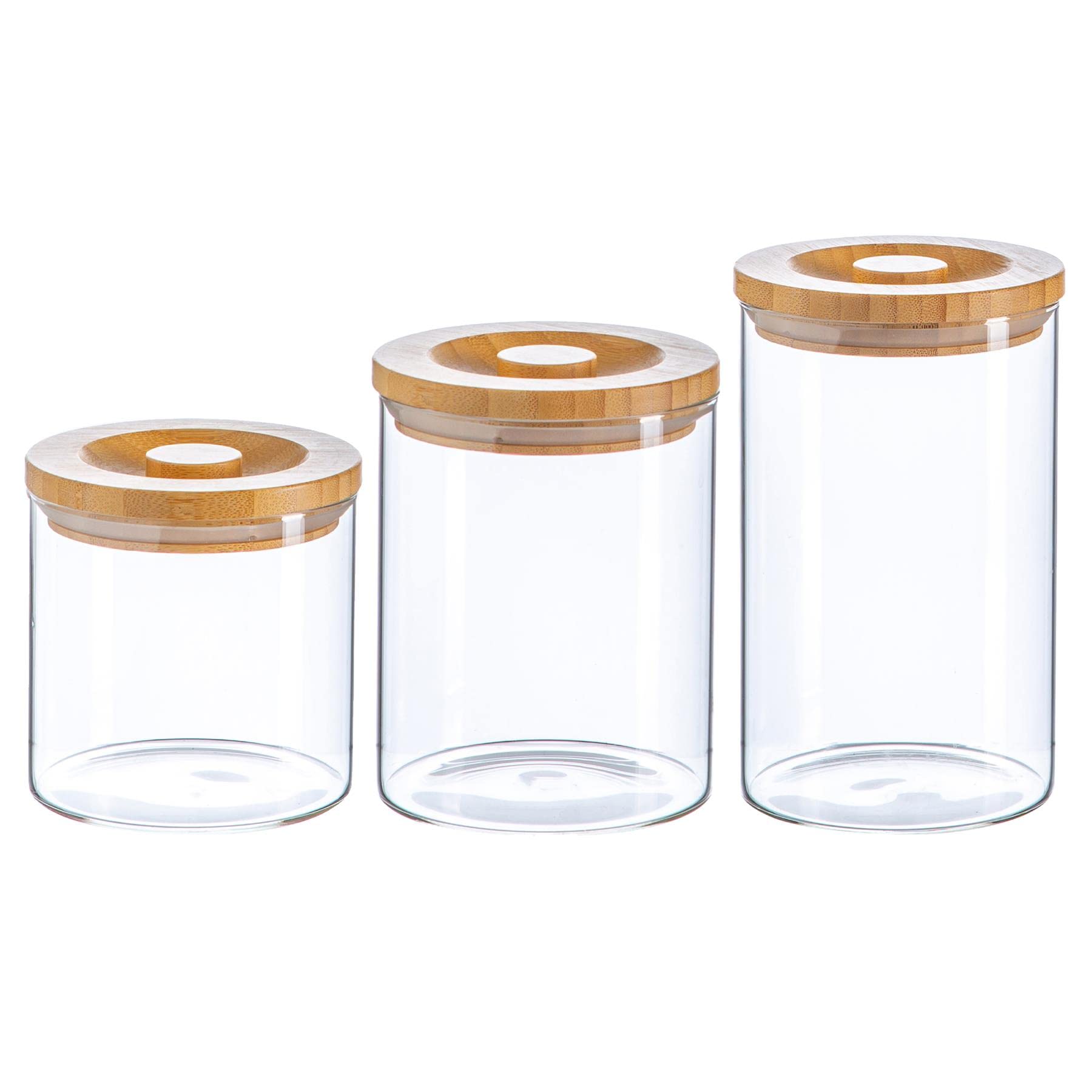 B&Q -  Glass Storage Jar SetCarved Wood LidsModern Round Scandi Organisation Container Glass Jar3 Sizes
