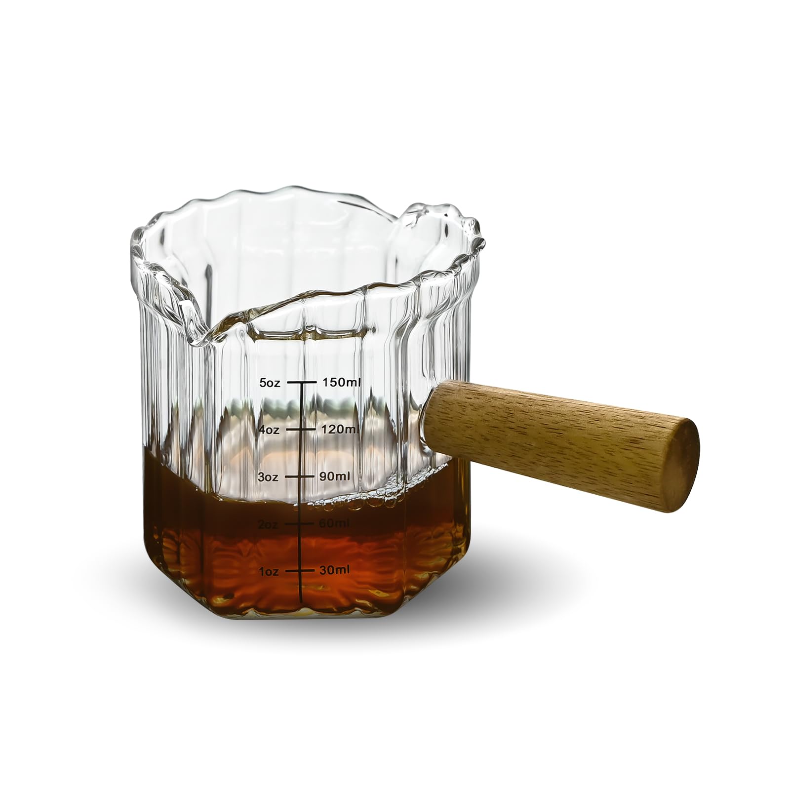 Denovin Glass Measuring Cup, 5oz Espresso Shot Glass with Wood Handle, Double Spouts Measuring Triple Pitcher Milk Cup for Coffee Tea (Transparent