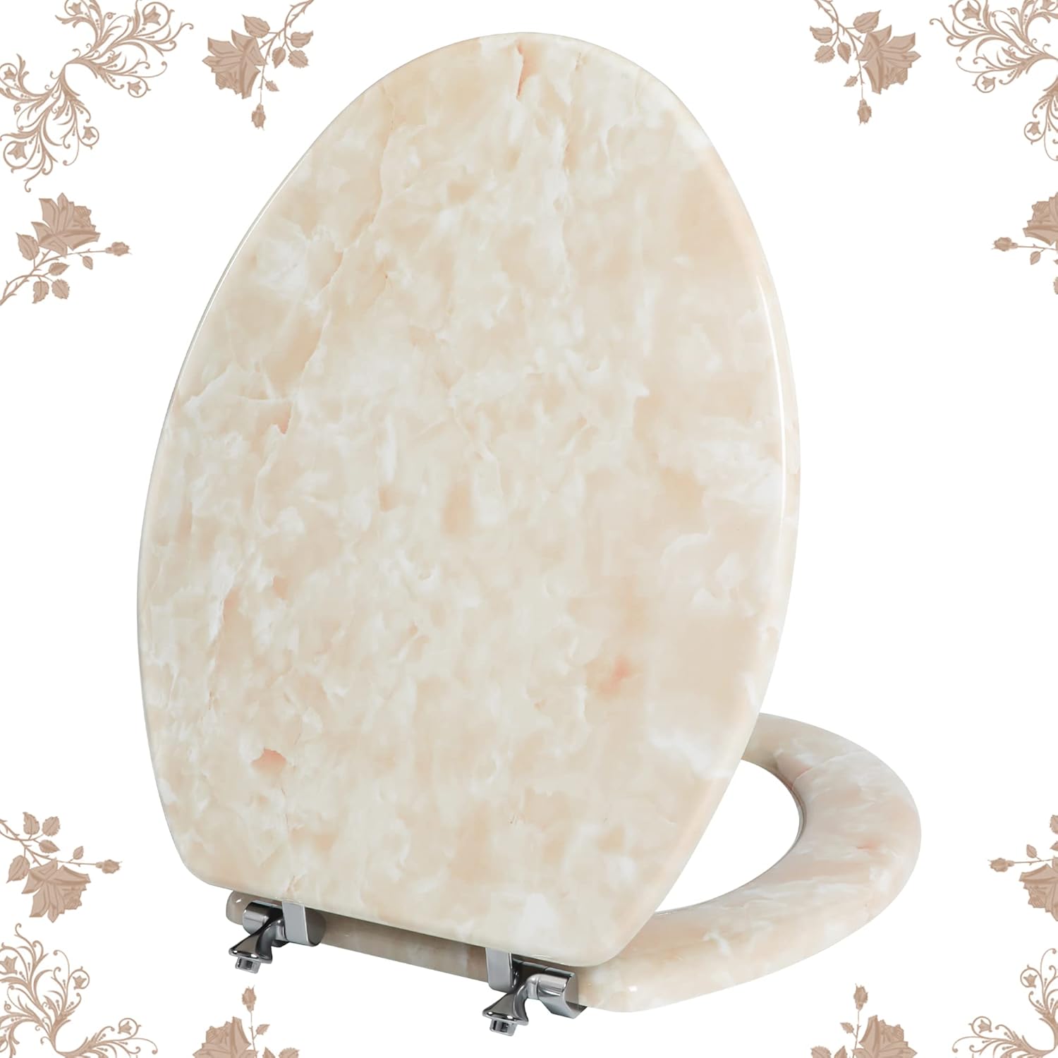 Elongated Toilet Seat Natural Wood Toilet Seat with Zinc Alloy Hinges, Easy to Install also Easy to Clean, Anti-pinch Marble Toilet Seat by Angol Shiold (Elongated, Beige Pink) Elongated-18.5” Beige Pink
