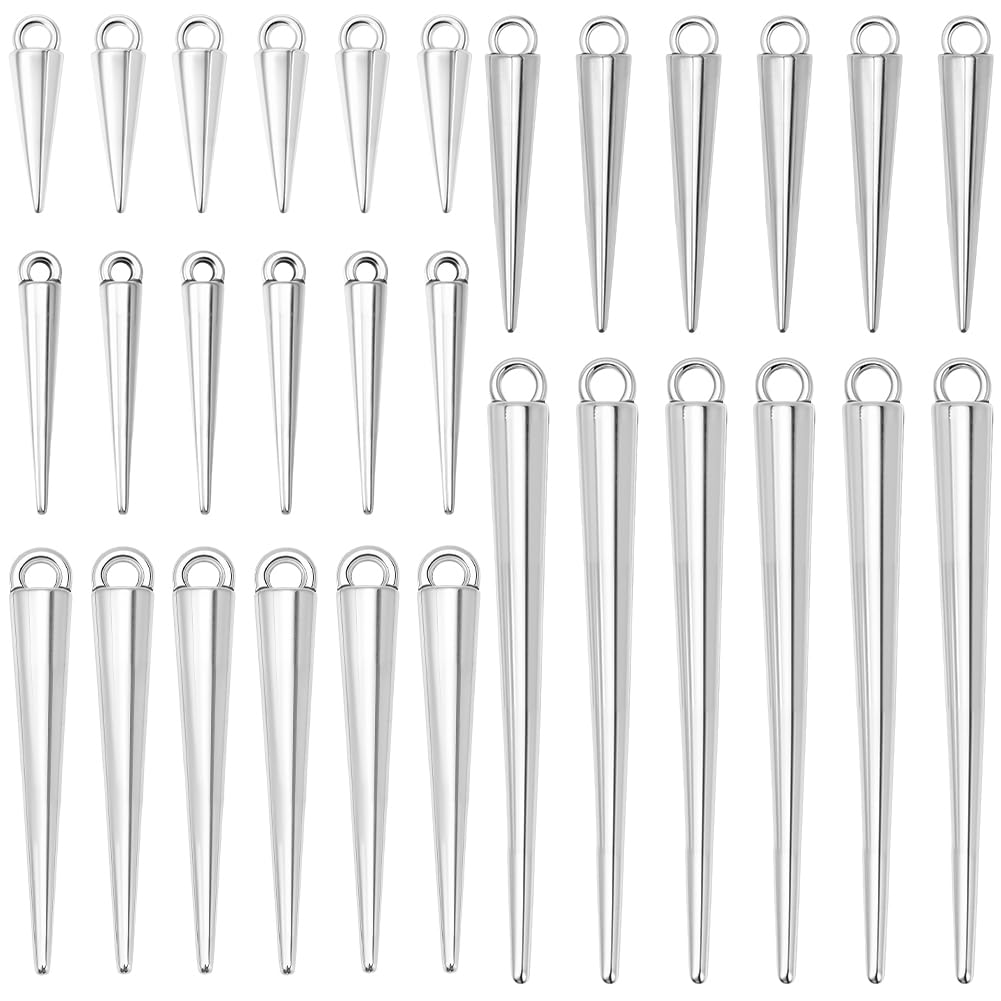SUNNYCLUE 1 Box 5 Styles 80Pcs Spike Charms Silver Cone Charms Bulk Silver Metal Punk Goth Style Tibetan Vintage Long Dangle Pendant for Jewellery Making DIY Supplies Crafts Necklace Bracelet Earring