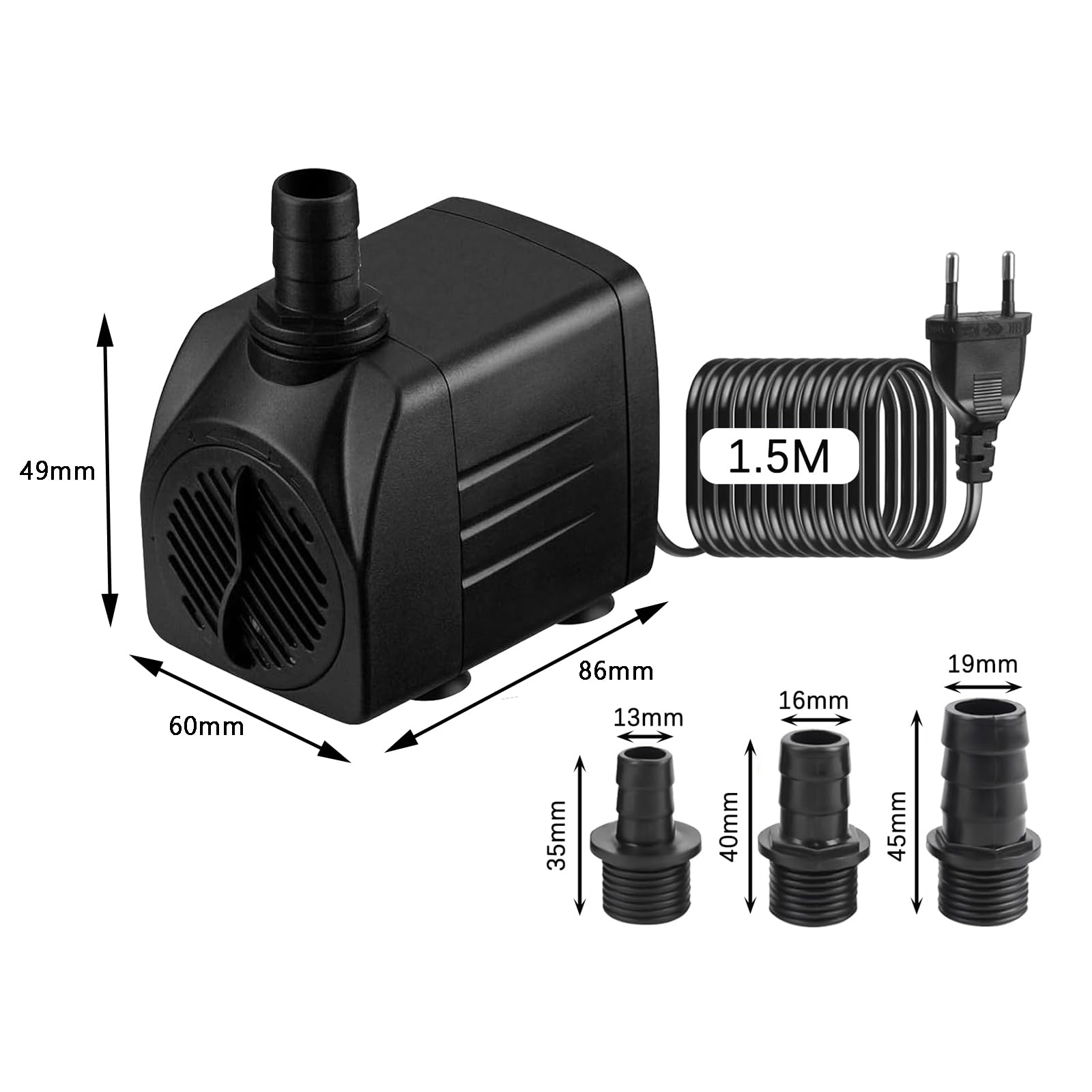 Mini pompa wodna (25/35/45 W, 2000/2500/3000 l/h), bardzo cicha pompa do akwarium o wysokim skoku, pompa do fontanny z kablem sieciowym 1,5 m, 4 przyssawki, 2 dysze do akwariów, stawu, studni