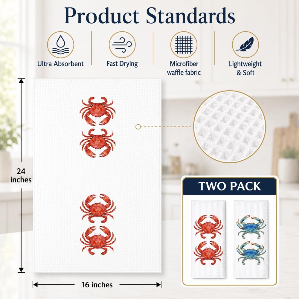 Coastal Crab Kitchen Towels 2 Pack, Nautical Beach Dish Towel with Blue Red Crab Design, Farmhouse Ocean Tea Towel for Beach House Kitchen Decor, Summer Seafood Kitchen Gifts for Coastal Lover