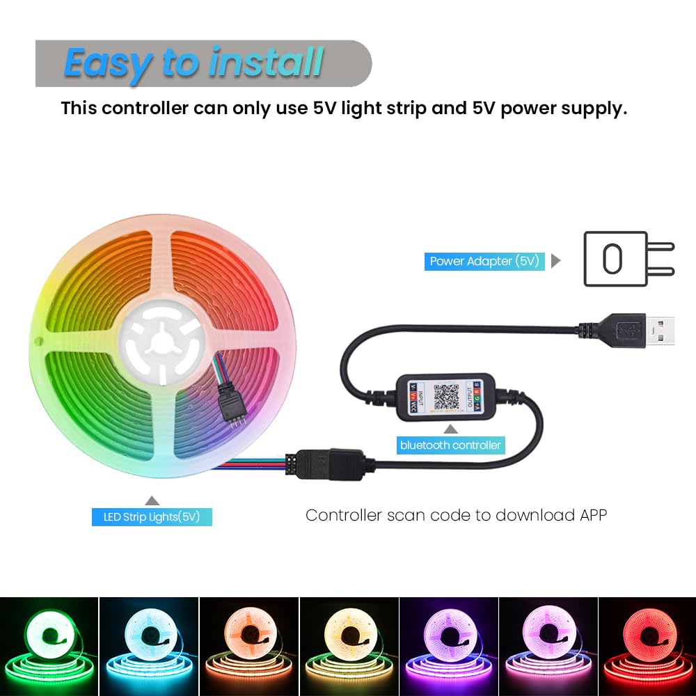 KISUFU Striscia LED COB USB RGB 576 LEDs/M striscia luminosa con APP Bluetooth driver, nastro flessibile multicolore con modalità musicale per illuminazione domestica fai da te.