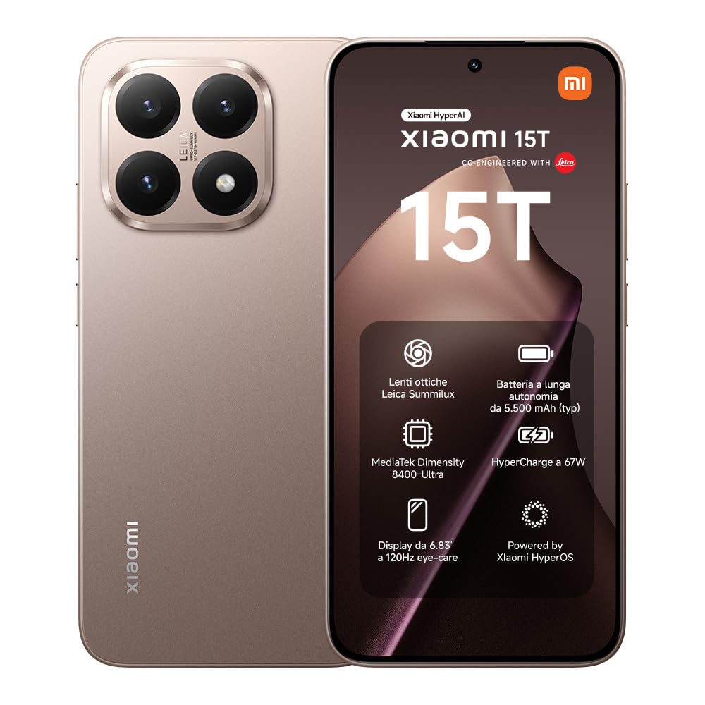 Xiaomi 15T, Smartphone 12+256GB, Display da 6,83" 120Hz, MediaTek Dimensity 8400-Ultra, Obiettivo ottico Leica Summilux da 50MP, 5500mAh, Garanzia 2 Anni, Oro Rosa, Caricabatterie non incluso