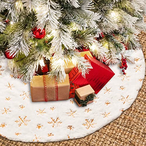 FengRise Weihnachtsbaum-Rock-Dekorationen - 121.9 cm, weißes Kunstfell, goldfarbene Schneeflocke, Baumrock, rustikaler großer Baum, Heimdekoration, Innen- und Außenbereich Cover