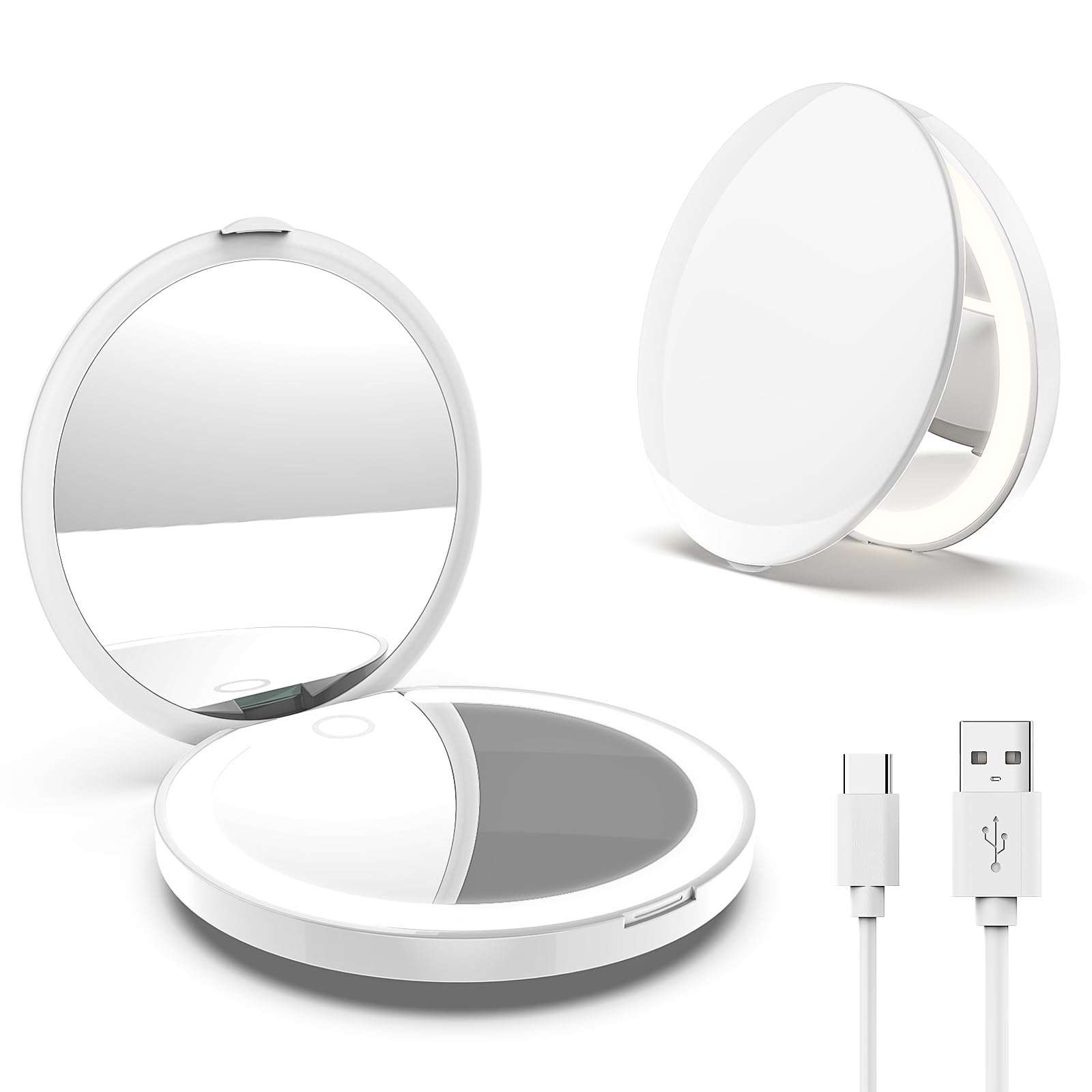 Miroir de maquillage de voyage portable miroir grossissant compact double face lumineux LED