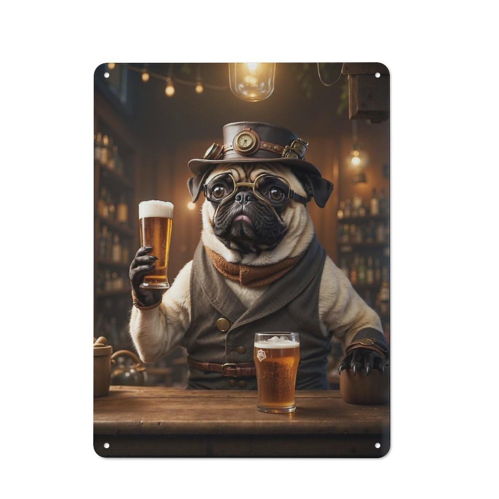 Junmoney Steampunk Craft Beer Pug Rustic Metal Plaque 40X30cm For Lounge Or Reading Corner, For Home Office, Studio And Craft Room Walls