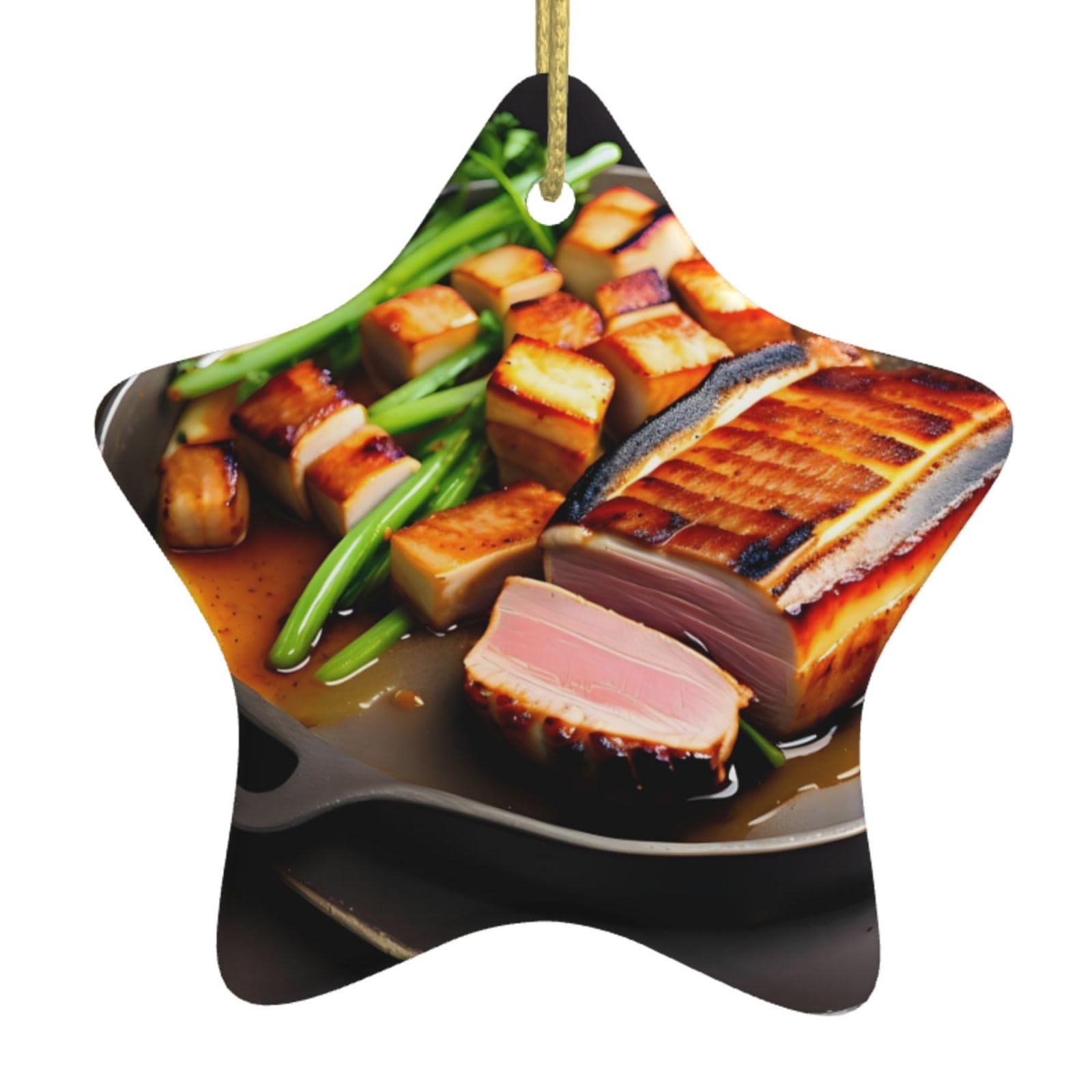 Delicious Grilled Meat Christmas Ceramic Star Pendant with Punched Holes and Gold Wire Rope, Christmas Tree Home Decoration