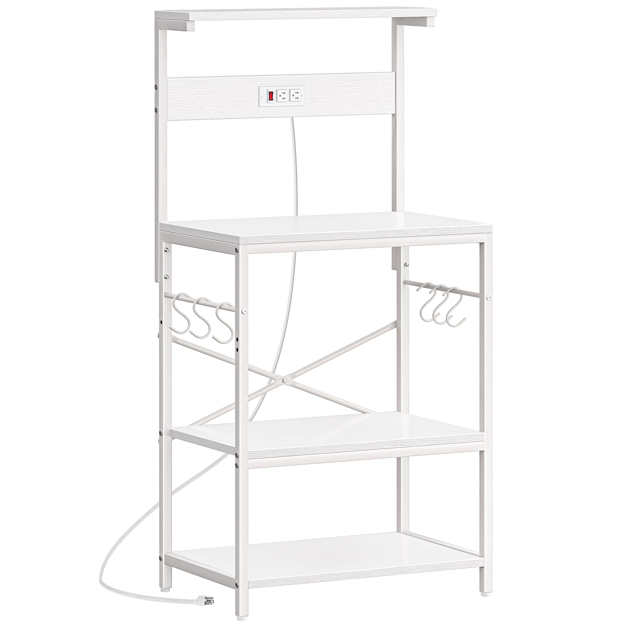 SUPERJARE Kitchen Bakers Rack with Power Outlet, Coffee Bar Table 4 Tiers, Microwave Stand with 6 S-Shaped Hooks, Storage Shelf Rack for Spices, Pots and Pans - White