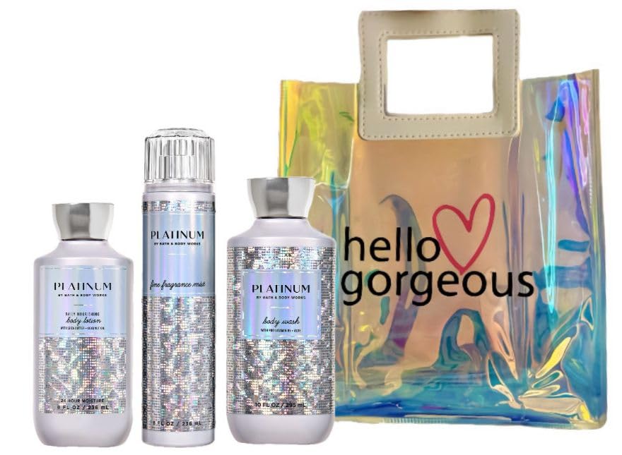 PLATINUM -Bath Body/Work - 3 Piece Bundle - Spray - Body Lotion - Shower Gel - Full Size and Hello Gorgeous Gift Bag (Packaging May Vary)