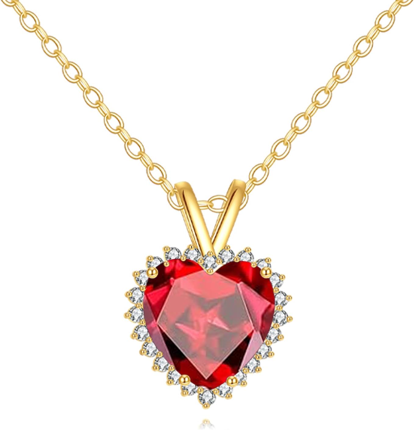 ELFRONT 14k Real Gold Heart Sapphire/Ruby Necklace Heart Stone Pendant Solid Gold Jewelry For Women Female Lover Mother Gifts