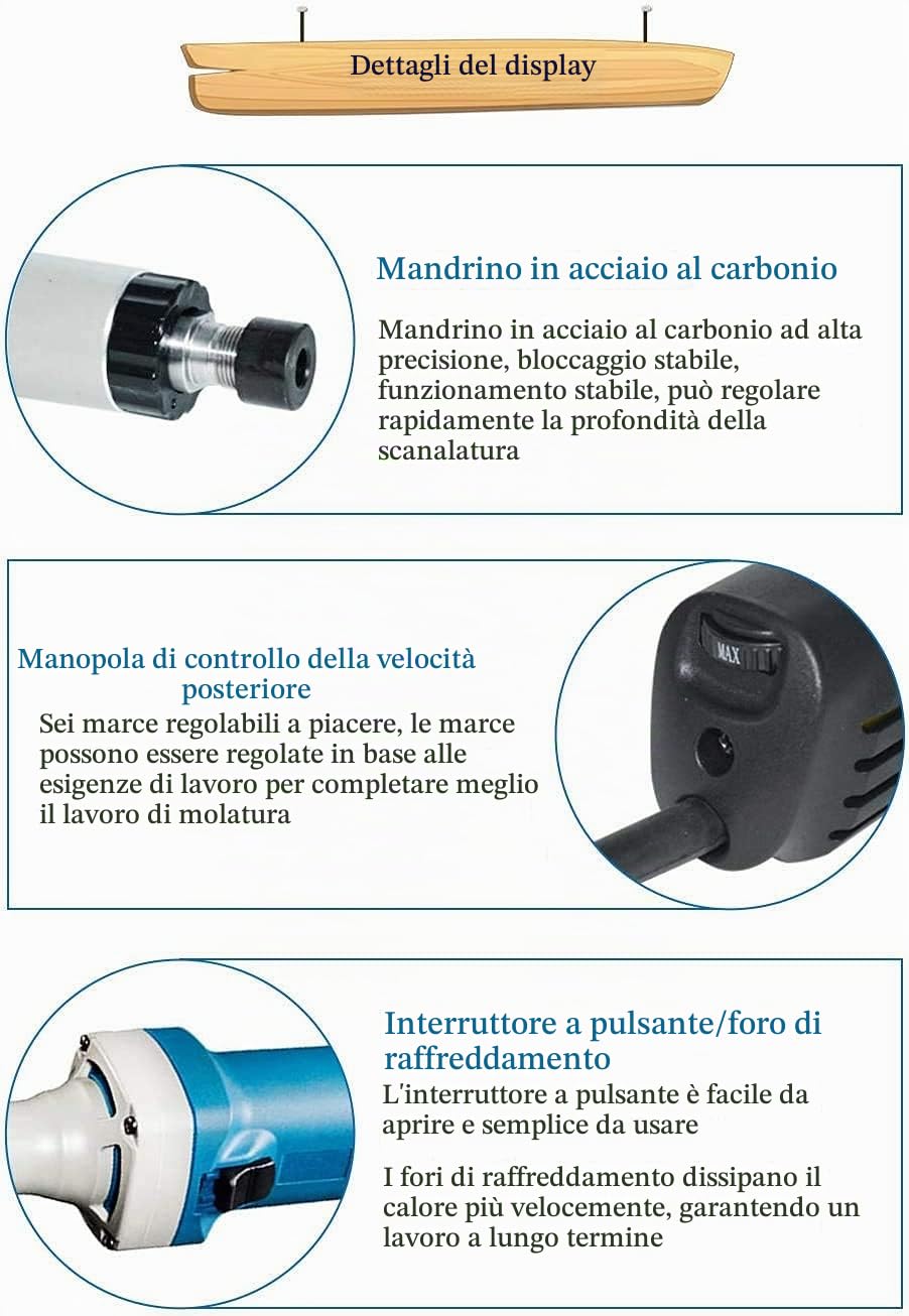 Strumenti Elettrici per Intaglio del Legno 750W Scalpello Elettrico per Legno con Set di Frese Rotanti 1/4 6Mm per La Lavorazione del Legno Fai da Te 220V Dft