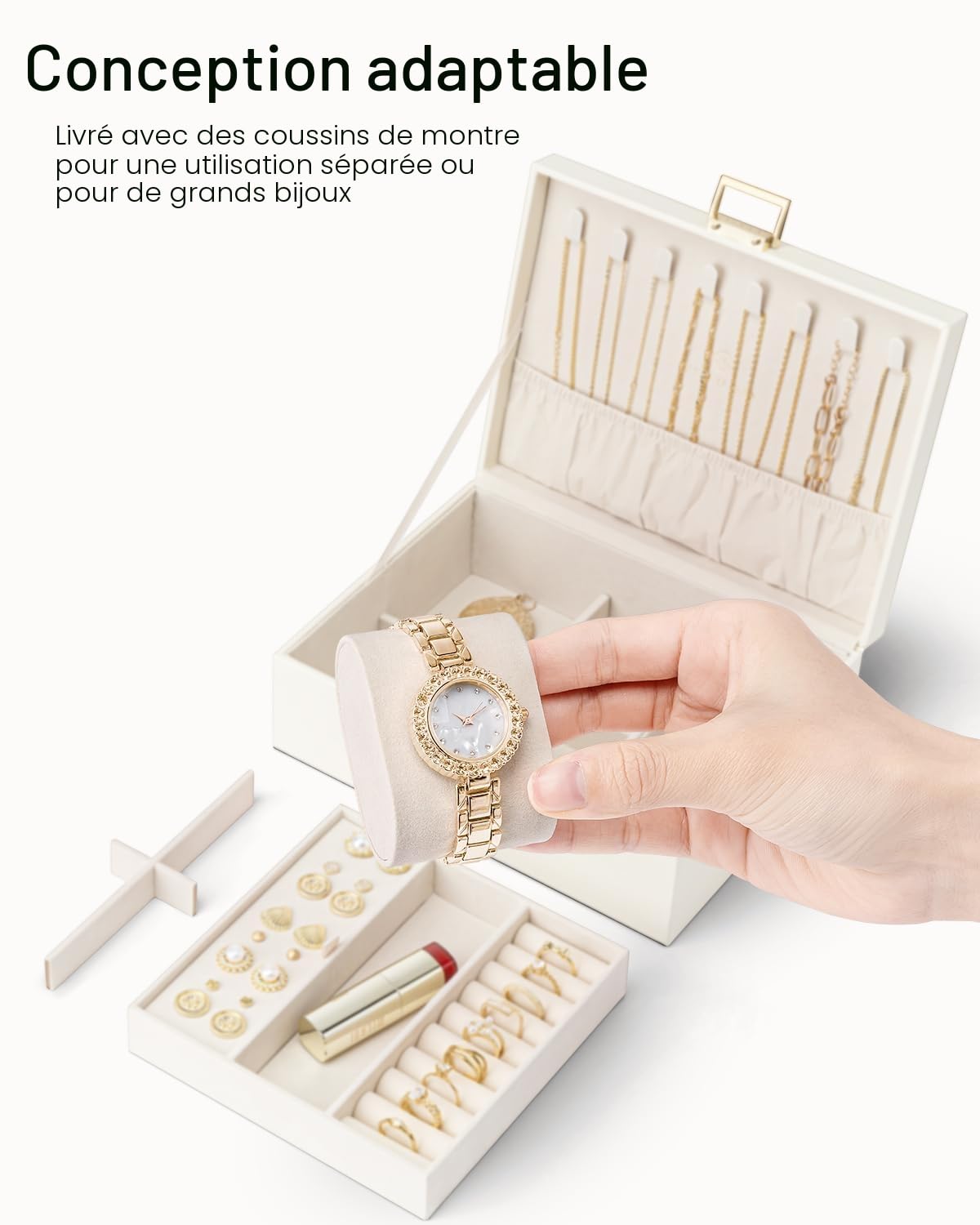 Vlando Boîte de rangement à bijoux en cuir à 2 niveaux avec coussins de montre pour femme et fille, organisateur de bijoux, idée cadeau
