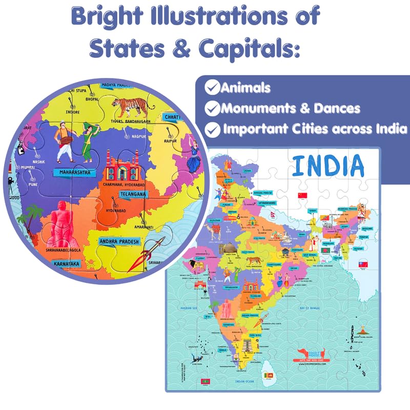 Image of CocoMoco Kids India Map Puzzle for Kids | 56-Pieces Jigsaw Puzzle with States, Cities, Animals & Monuments | Educational Geography Game Birthday Return Gift for 3-7 Years Old Boys & Girls