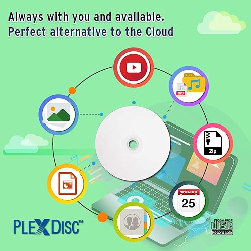 Miniatura 6 de PlexDisc 95252 CD-R 700MB 52X Hub de inyección de tinta blanco imprimible - 100pk husillo embalaje libre de frustración, 100 discos