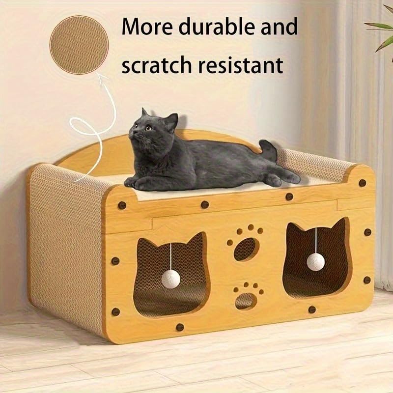 2-in-1 Kratzbaum und gemütliches Katzenbett mit hängendem Ballspielzeug - großes Kartonbett, Katzen-Spielhaus, Langlebiges Katzenspielzeug, lustige Möbelgeschenkidee, Katzenzubehör