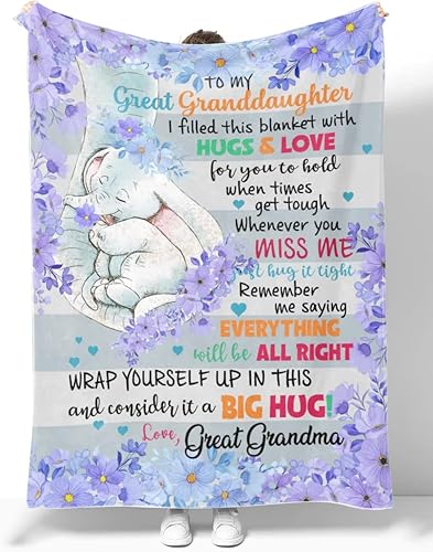 Miniatura 2 de Manta personalizada con texto en inglés «To My Great Granddaughter – Abrazos y amor – Manta de elefante y floral – Regalo para nieta de parte de la
